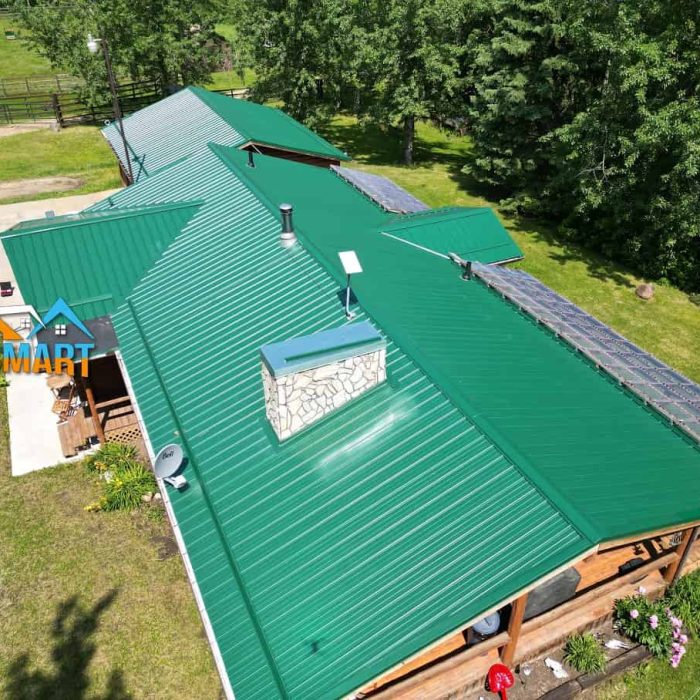 High-angle drone photograph looking down on a complex residential bright green standing seam metal roof installed by RoofSmart. The intricately-detailed roof features two chimneys (one prominent stone, one metal stack), several skylights, a integrated long array of solar panels, and the RoofSmart company logo in the bottom-left corner. The house is surrounded by a lush green rural landscape of trees and grass, representing an expert-level residential metal roof project.